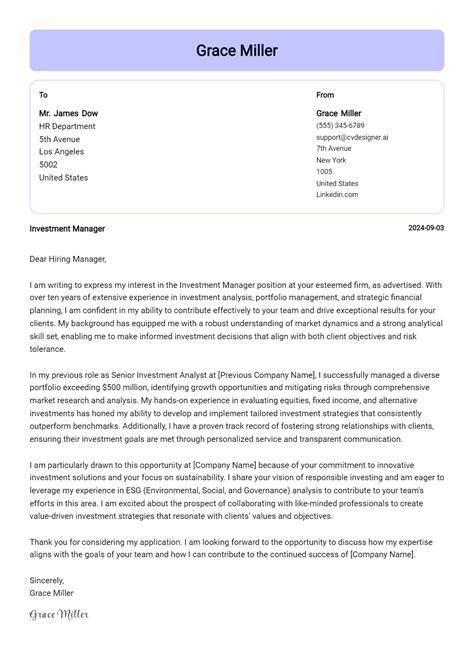 Investment Manager Cover Letter Example For 2024 Tips And Templates Cvdesigner Ai