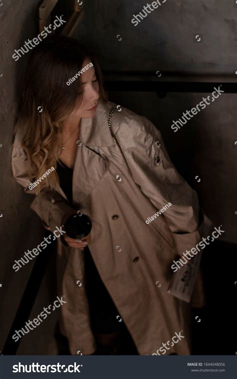 Sensual Attractive Brunette Trench Coat Dark Stock Photo Edit Now