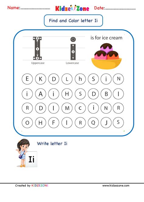 Kindergarten Letter I worksheets - Find and Color - KidzeZone