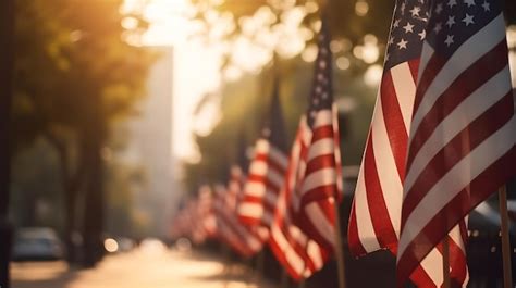 Premium Ai Image American Flag In Row On The Street With Blur Background