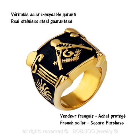 BOBIJOO Jewelry Bague Chevalière Masonic Franc Maçon Or et Noir Acier