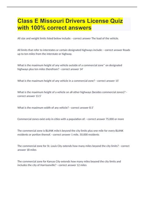 Class E Missouri Drivers License Quiz with 100% correct answers