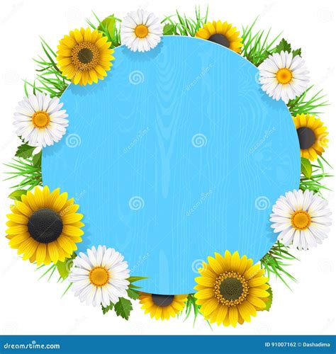 Vector Blue Round Wooden Frame With Flowers Stock Vector Illustration