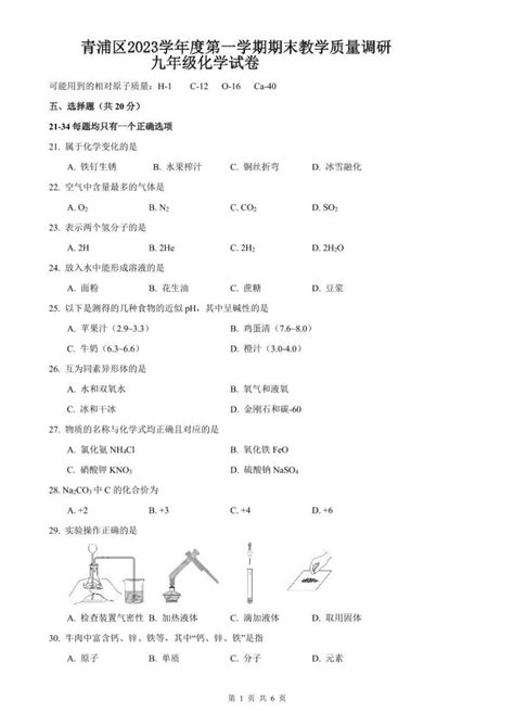 2024年上海市青浦区中考化学一模试卷含答案 教习网试卷下载