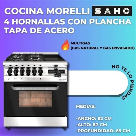 COCINA MORELLI SAHO 4 HORNALLAS CON PLANCHA PUERTA CON VISOR