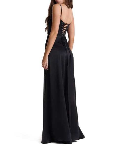 House Of Cb Anabella Lace Up Satin Gown In Black Lyst