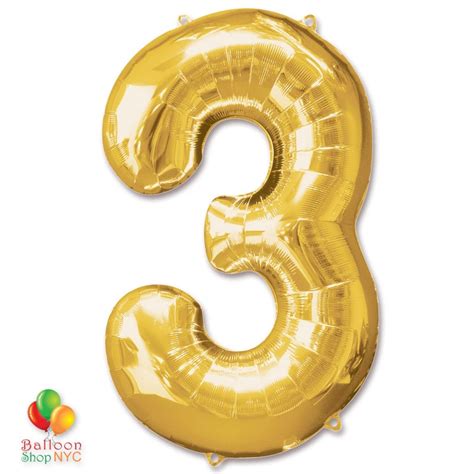 Number 3 Gold Foil Balloon 40 inch Inflated with Weight - Balloon Shop NYC