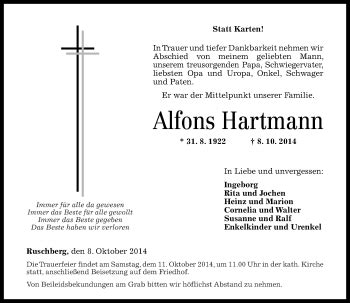 Traueranzeigen Von Alfons Hartmann Rz Trauer De