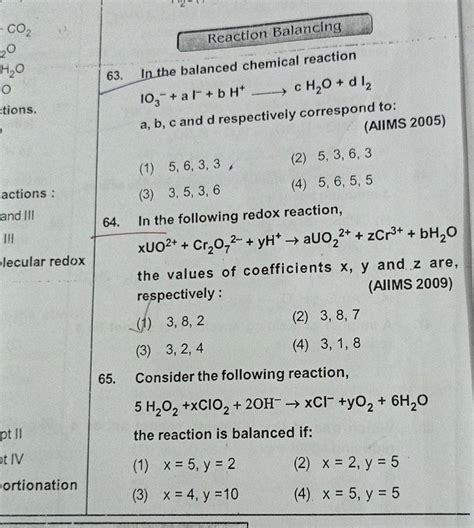 Consider The Following Reaction 5h2 O2 Xclo2 2oh−→xcl−yo2 6h2 O The