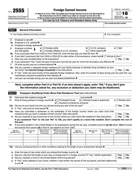 2018 - 2019 IRS Form 2555 - Editable Online Blank in PDF