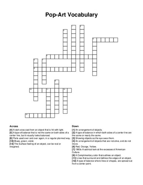 Pop Art Vocabulary Crossword Puzzle