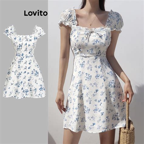 Lovito Casual Ditsy Floral Lettuce Trim Lace Up Dress For Women