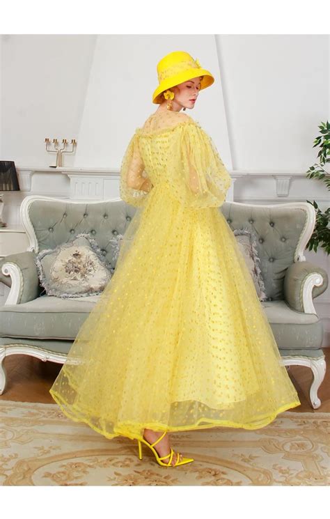 1950s Vintage Inspired Retro Polks Dot Lace Mesh Tulle Yellow Swing 1