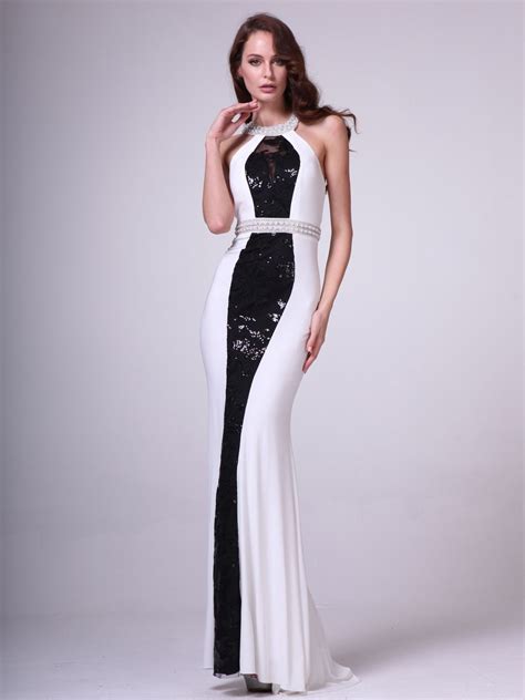 Halter Top Fitted Evening Dress With Sequin Panel White Evening Gowns