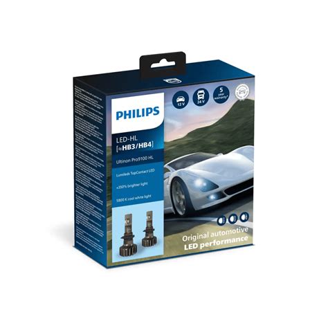 Set 2 Leduri Auto Philips Ultinon Pro9100 HB3 HB4 13 W 5800 K 12 24 V