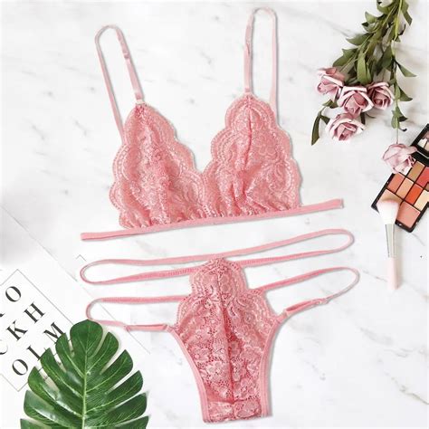 Plus Size Xl Xl Lace Sexy Lingerie Women Pajamas V Neck Bra Thong Set Erotic Sexy Underwear