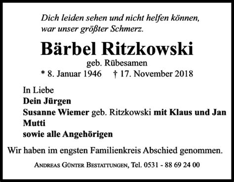 Traueranzeigen von Bärbel Ritzkowski trauer38 de