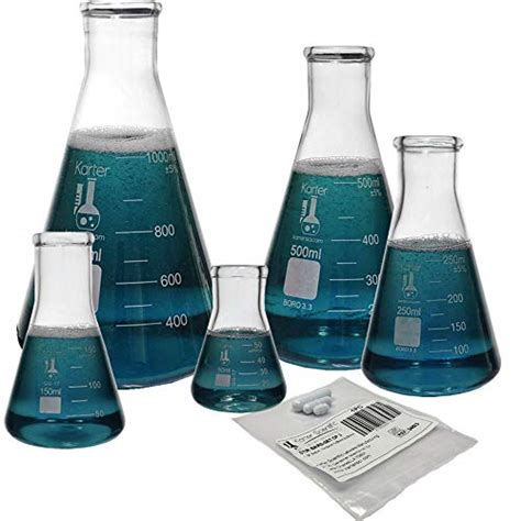 Glass Erlenmeyer Flask Set With Magnetic Stir Bar Set 5 Sizes 50