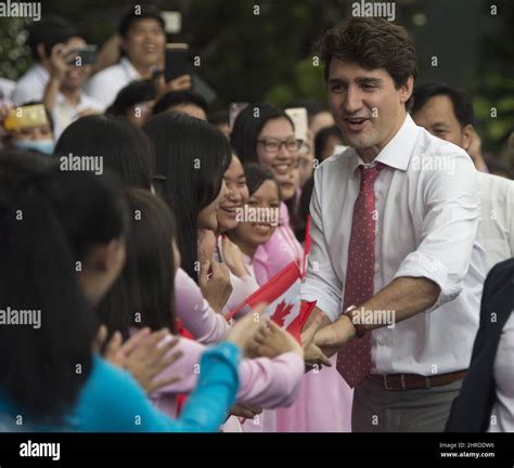 Canadian Prime Minister Justin Trudeau Is Greeted By Students As He