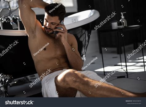 Bearded Man Naked Torso Wrapped Towel Stock Photo Shutterstock