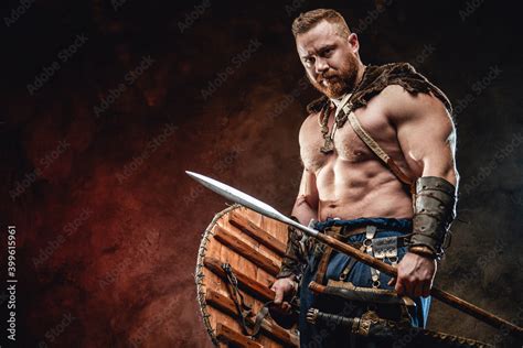 Muscular And Nude Viking With Fur And Beard Holding Spear And Shield In Dark Red Background
