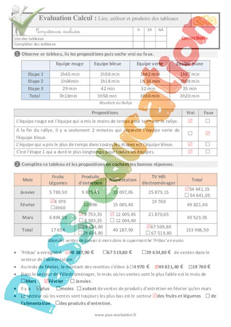 Lire Utiliser Et Produire Un Tableau Au Cm2 Evaluation Qcm Quiz Pdf à Imprimer