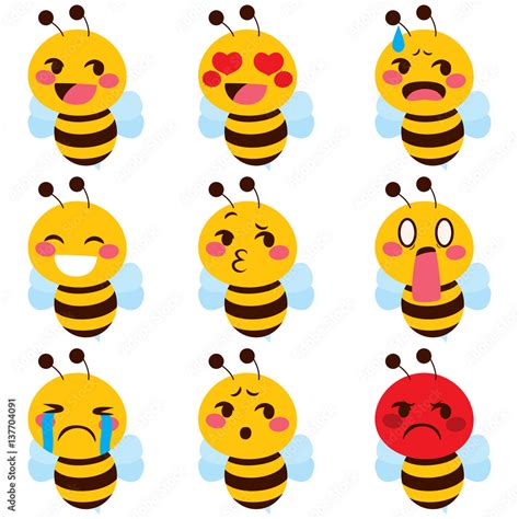 Set of cute bee mascot emoji different face expressions Stock Vector ...