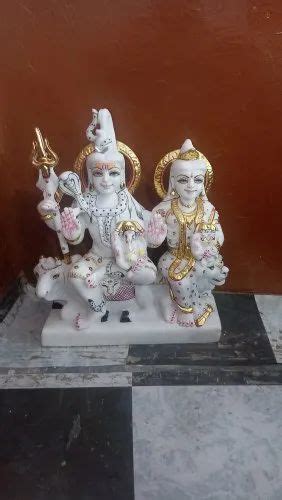 Painted Hindu Gauri Shankar White Makrana Marble Moorti Statue For