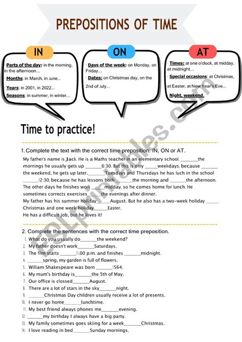 Prepositions Of Time In On At Esl Worksheet By Englovers