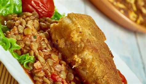 Harissa Crumbed Fish With Lentils Stock Image Image Of Kabkabou