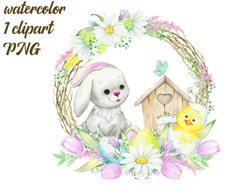 Watercolor Easter Bunny Clipart Hand Painted Colorful Egg Rabbit Ani