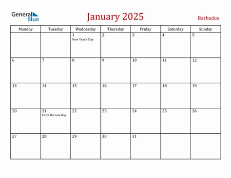 January 2025 - Barbados Monthly Calendar with Holidays