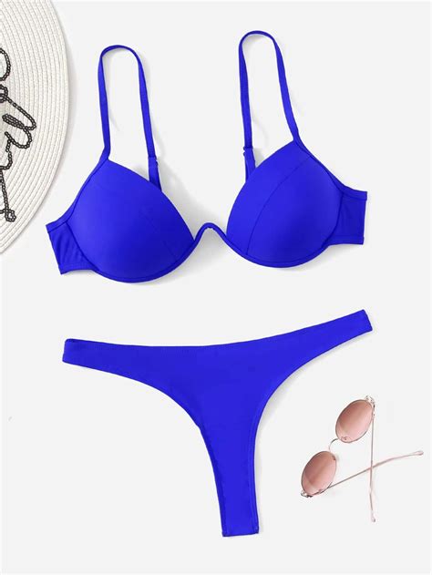 SHEIN Swim Conjunto De Bikini Unicolor Sujetador Push Up Con Aros Y