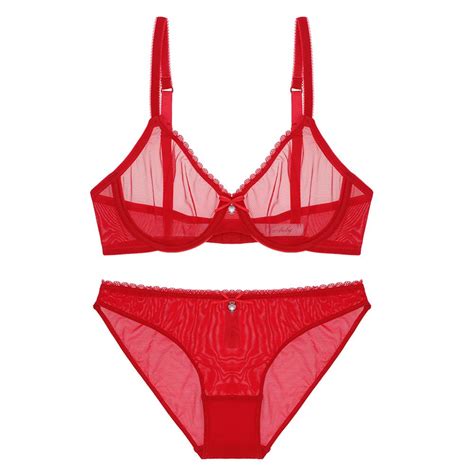 Varsbaby Sexy Big Red See Through Yarn Lingerie Set Rhinestone Bow