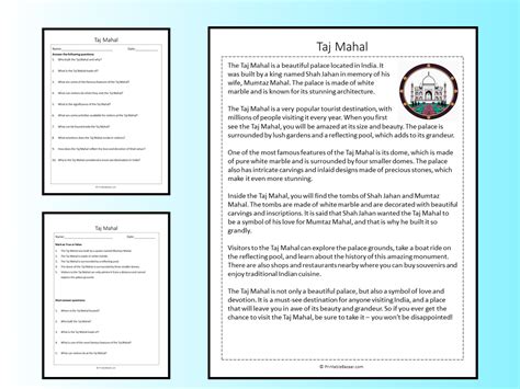 Taj Mahal Reading Comprehension Passage Printable Worksheet Teaching