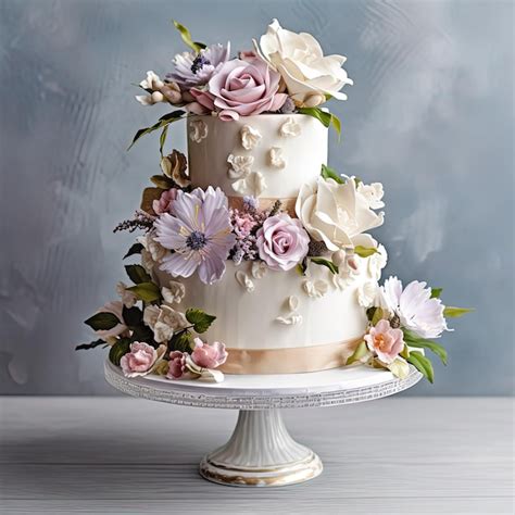 Premium Photo Threetiered White Wedding Cake Decorated With Flowers