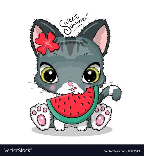 Cute cat eating watermelon Royalty Free Vector Image