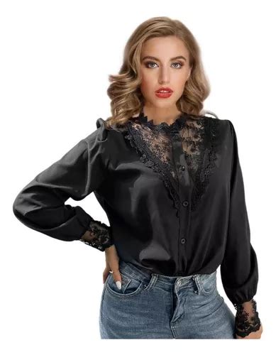 Blusa De Manga Larga Con Encaje Elegante Casual Para Mujer Envío Gratis