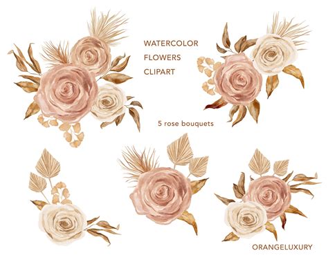 Watercolor Roses Clip Art Boho Flowers Clipart Nude Burnt Etsy Hot