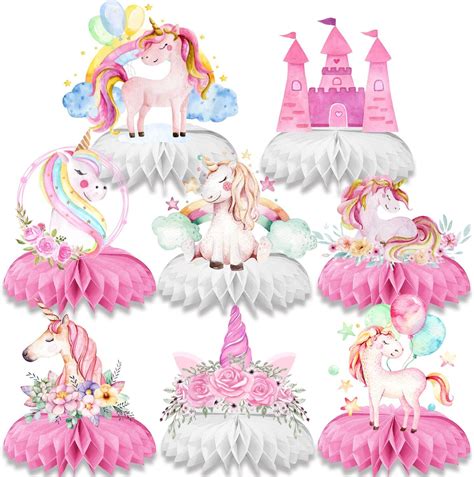 Amazon.com: Unicorn Birthday Decorations - 8 Pieces Cute Rainbow Unicorn Honeycomb Centerpieces ...