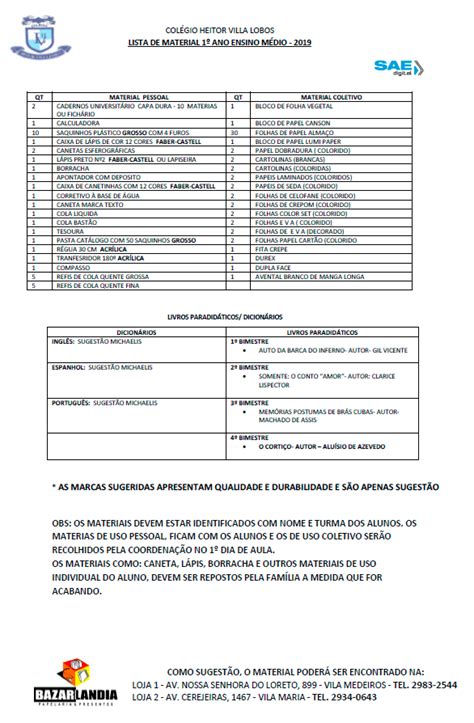 Lista de Material Escolar 2019 1º Ano Médio Colégio Heitor Villa Lobos