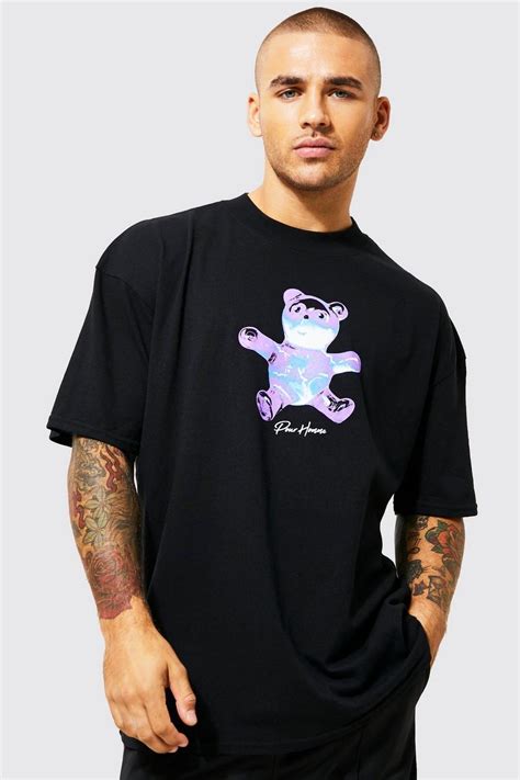 Men S Oversized Extended Neck Bear Graphic T Shirt Boohoo Uk