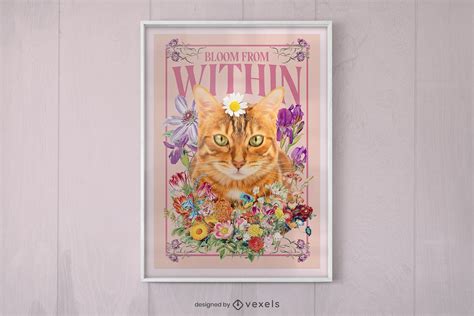 Golden Cat Animal With Flowers Poster Template Psd Editable Template