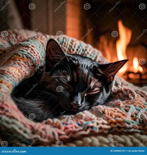 A Cozy Scene Of A Sleeping Black Cat Curled Up On A Knitted Blanket