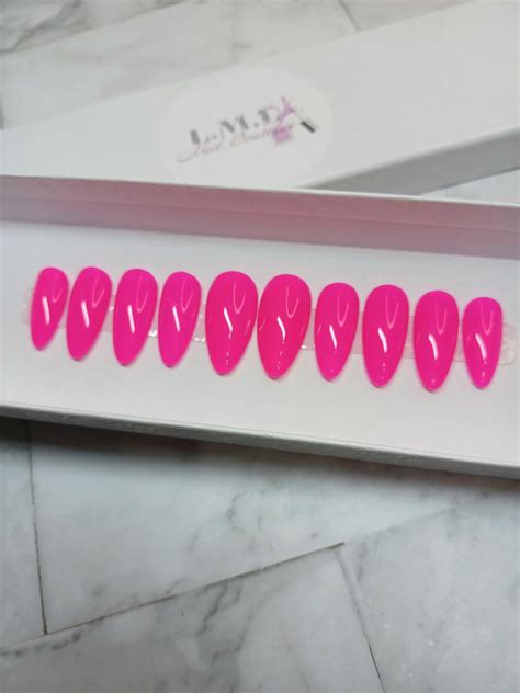 Hot Pink Medium Almond Press On Nails Etsy