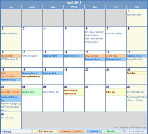 April 2017 Calendar with Holidays - as Picture