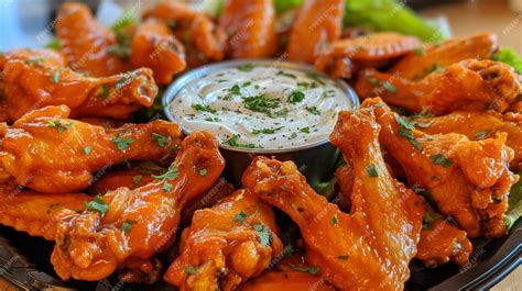 Premium Photo | A party platter of wings on a tray with dressing in the ...