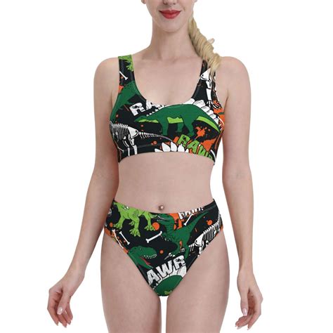 Adobk Dinosaur Skeleton Print Women High Waisted Bikini Set Sports