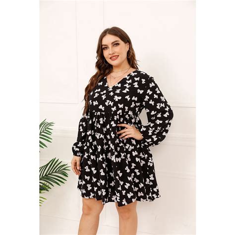 Plus Size V Neck Casual Imprimir Smlock Vestido Das Mulheres De Manga