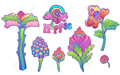 Retro Hippie Flower Set Vintage Vector Design Isolated Vector Hippie Element Colorful Png And